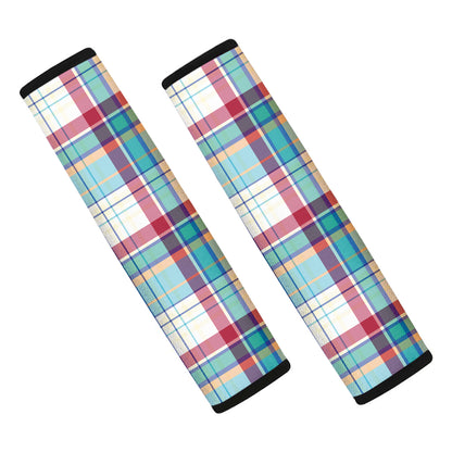 Blue And Red Madras Pattern Print Car Seat Belt Covers