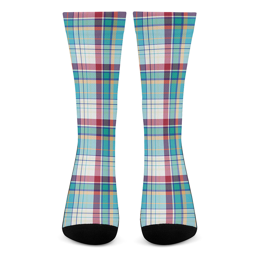 Blue And Red Madras Pattern Print Crew Socks