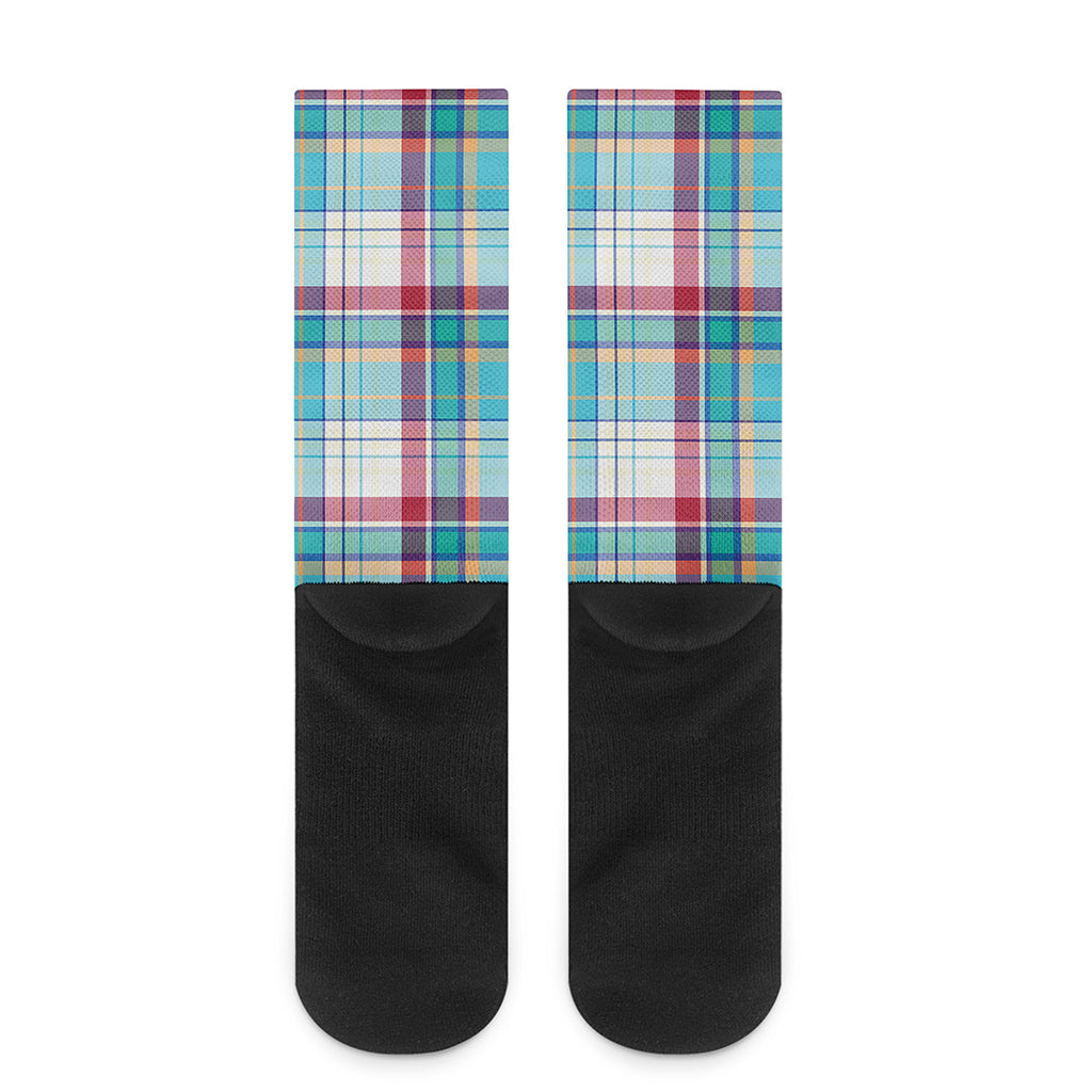 Blue And Red Madras Pattern Print Crew Socks