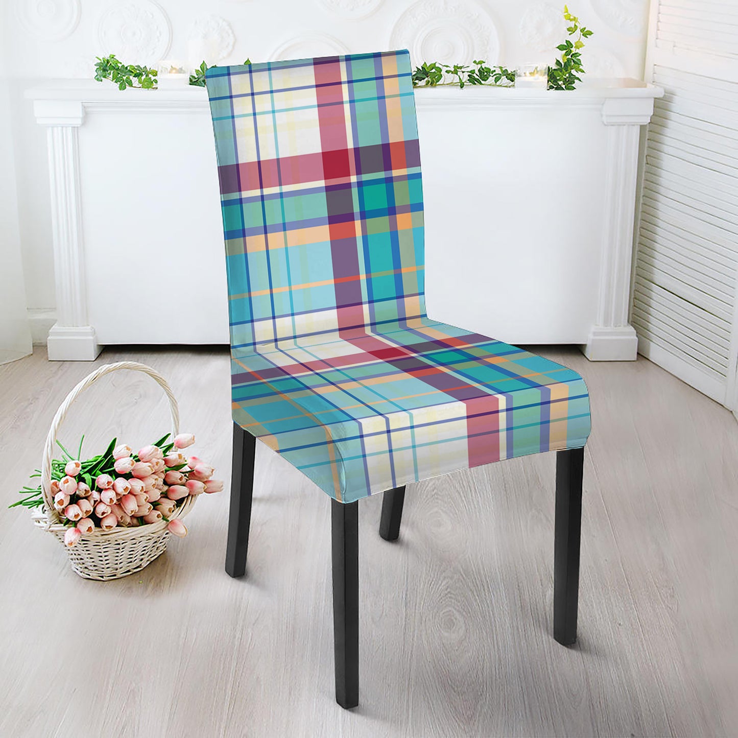 Blue And Red Madras Pattern Print Dining Chair Slipcover