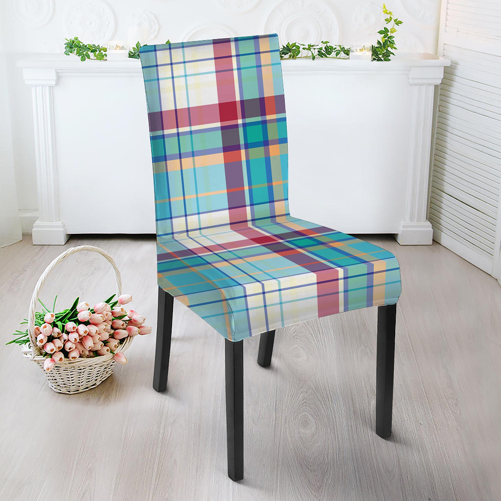 Blue And Red Madras Pattern Print Dining Chair Slipcover