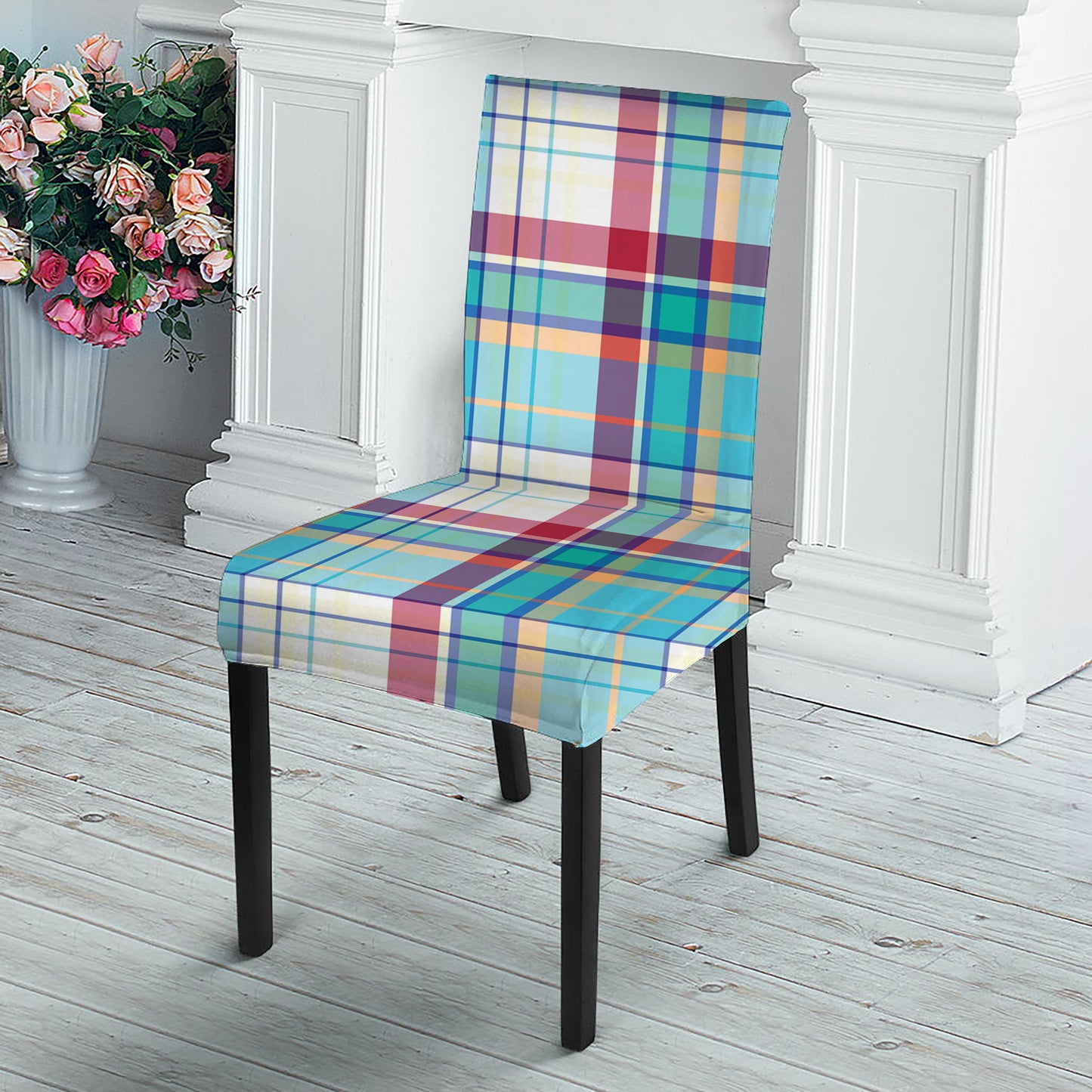 Blue And Red Madras Pattern Print Dining Chair Slipcover