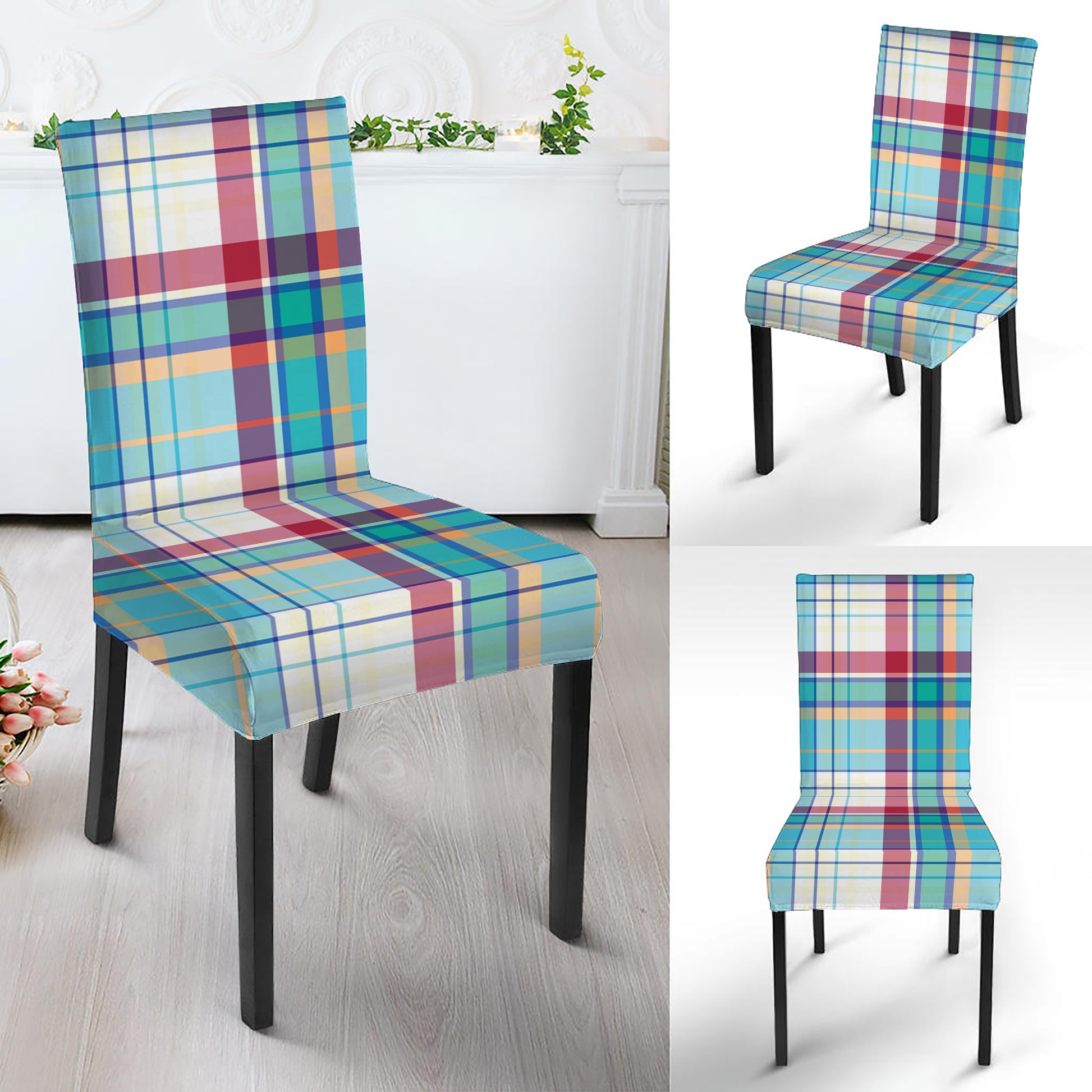 Blue And Red Madras Pattern Print Dining Chair Slipcover