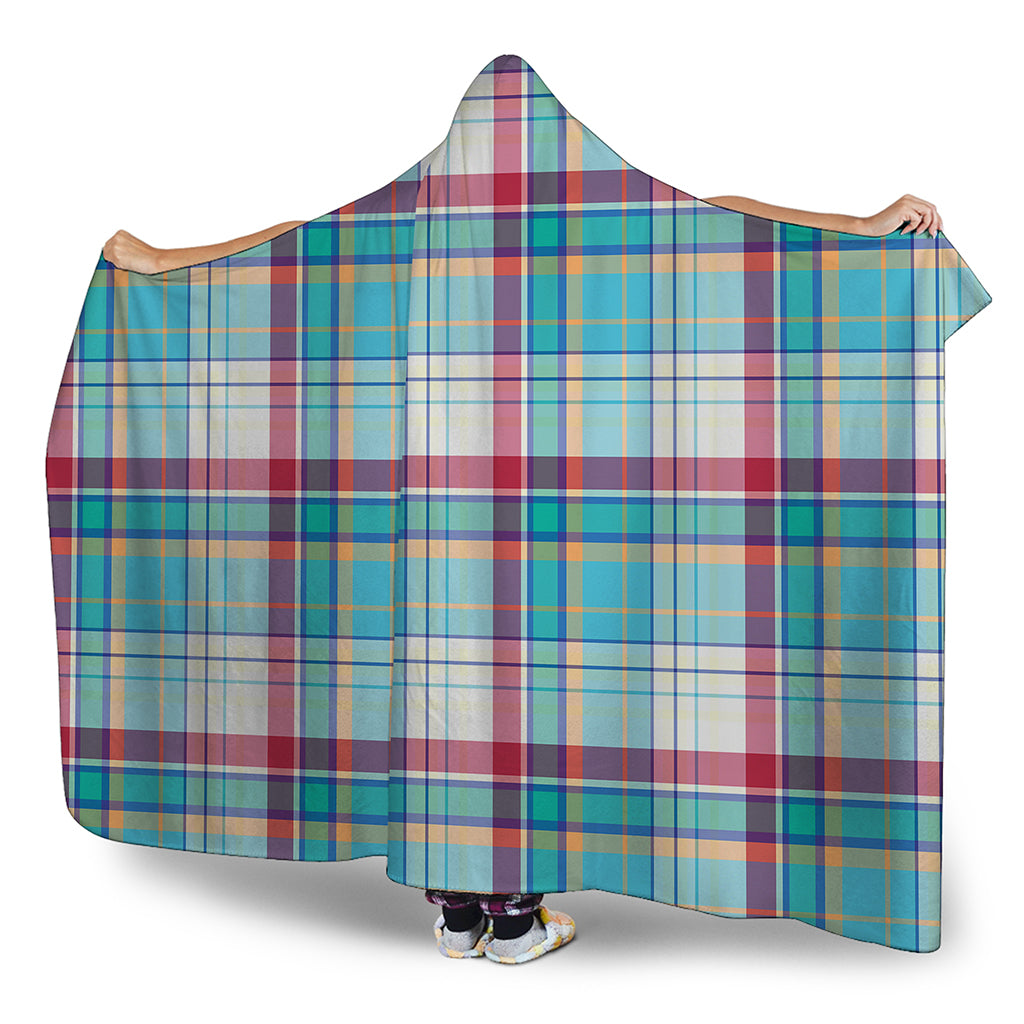 Blue And Red Madras Pattern Print Hooded Blanket
