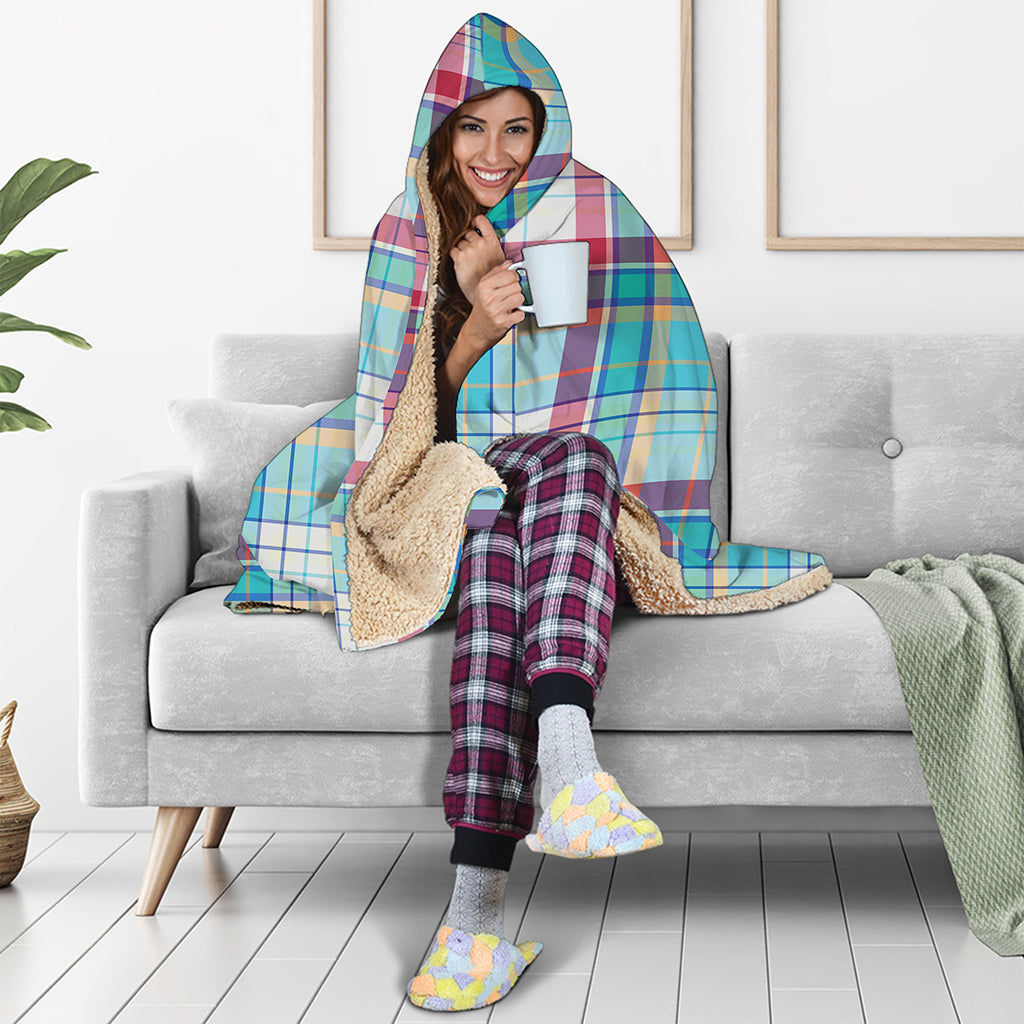 Blue And Red Madras Pattern Print Hooded Blanket