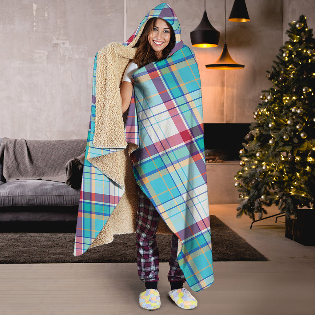 Blue And Red Madras Pattern Print Hooded Blanket