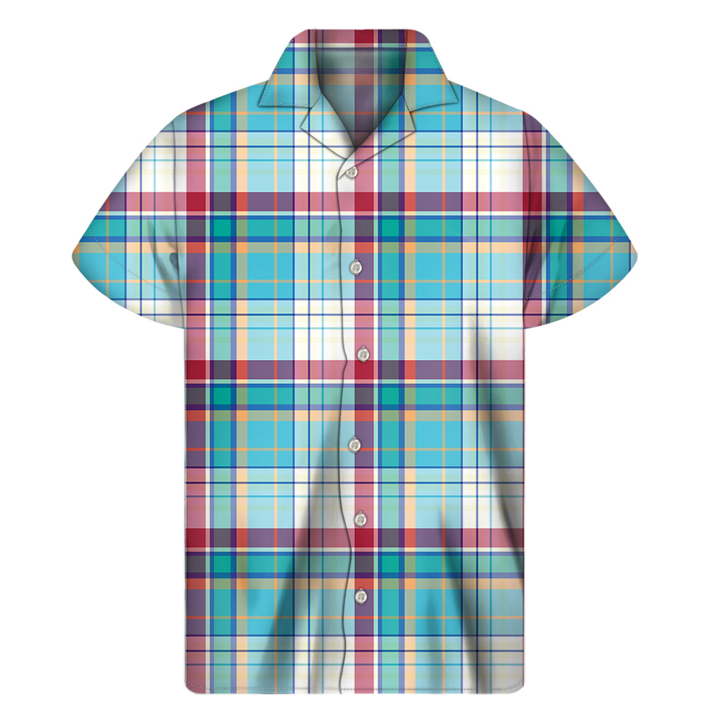 Blue And Red Madras Pattern Print Men's Short Sleeve Shirt