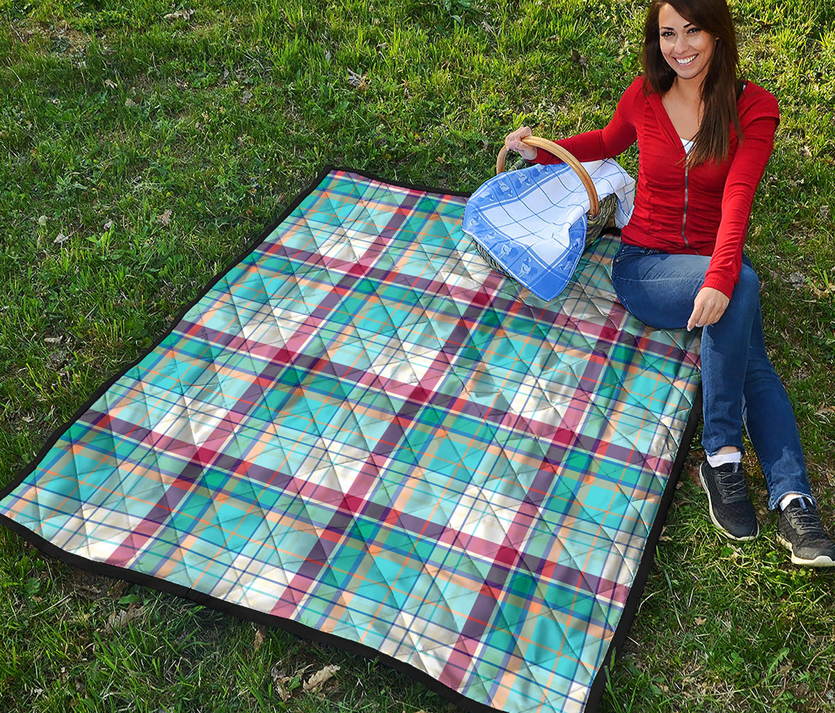 Blue And Red Madras Pattern Print Quilt