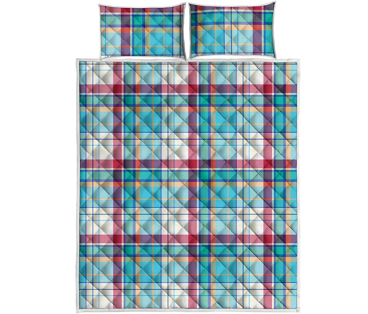 Blue And Red Madras Pattern Print Quilt Bed Set