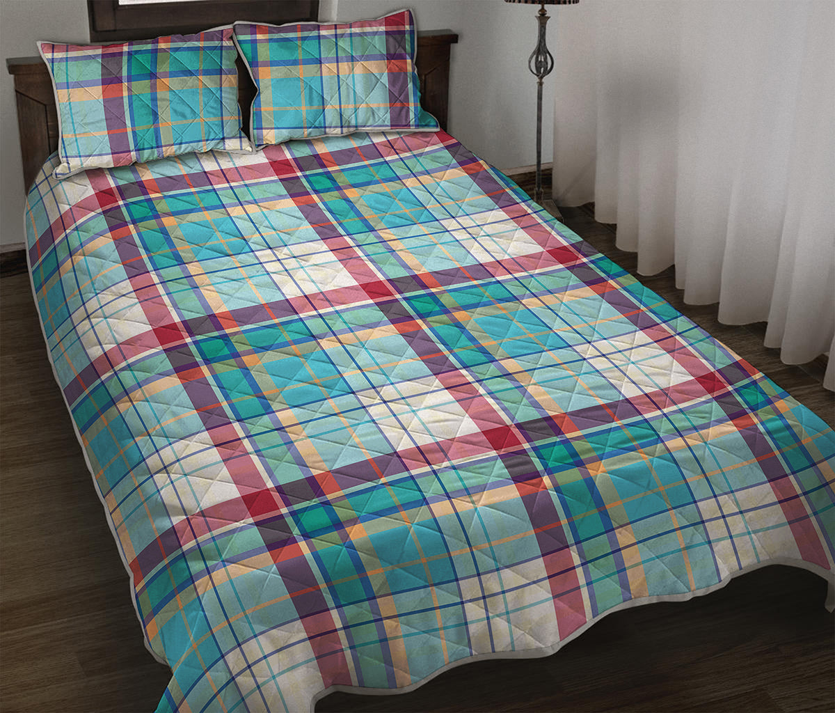 Blue And Red Madras Pattern Print Quilt Bed Set