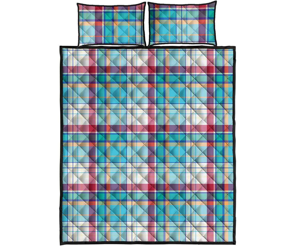 Blue And Red Madras Pattern Print Quilt Bed Set
