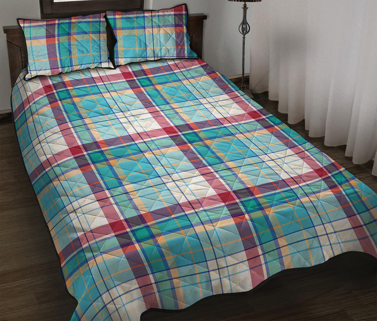 Blue And Red Madras Pattern Print Quilt Bed Set