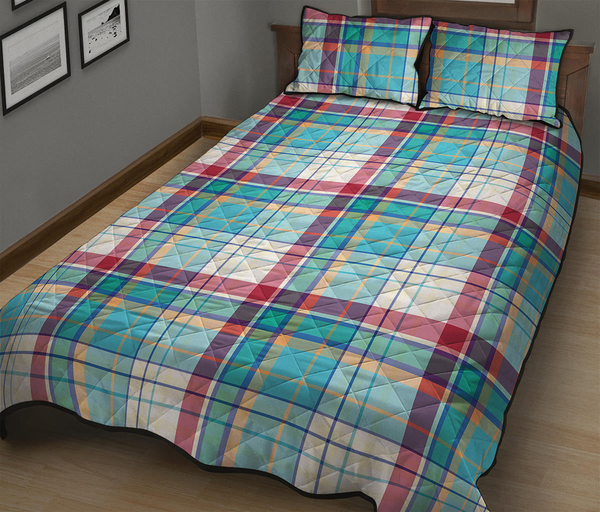 Blue And Red Madras Pattern Print Quilt Bed Set