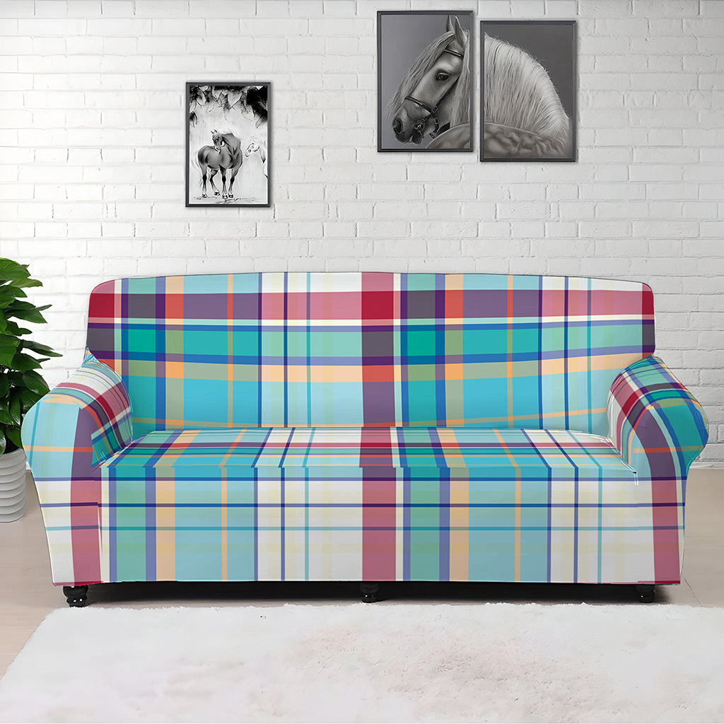 Blue And Red Madras Pattern Print Sofa Cover