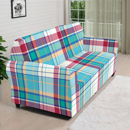 Blue And Red Madras Pattern Print Sofa Cover
