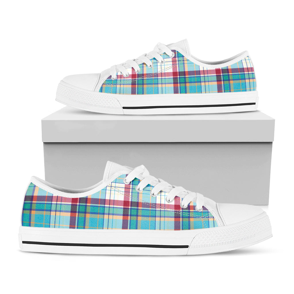 Blue And Red Madras Pattern Print White Low Top Shoes