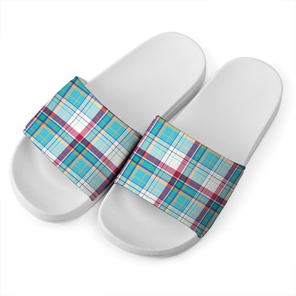 Blue And Red Madras Pattern Print White Slide Sandals
