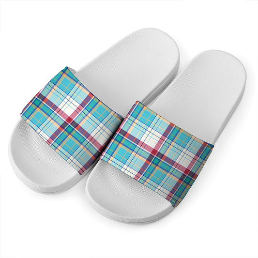 Blue And Red Madras Pattern Print White Slide Sandals