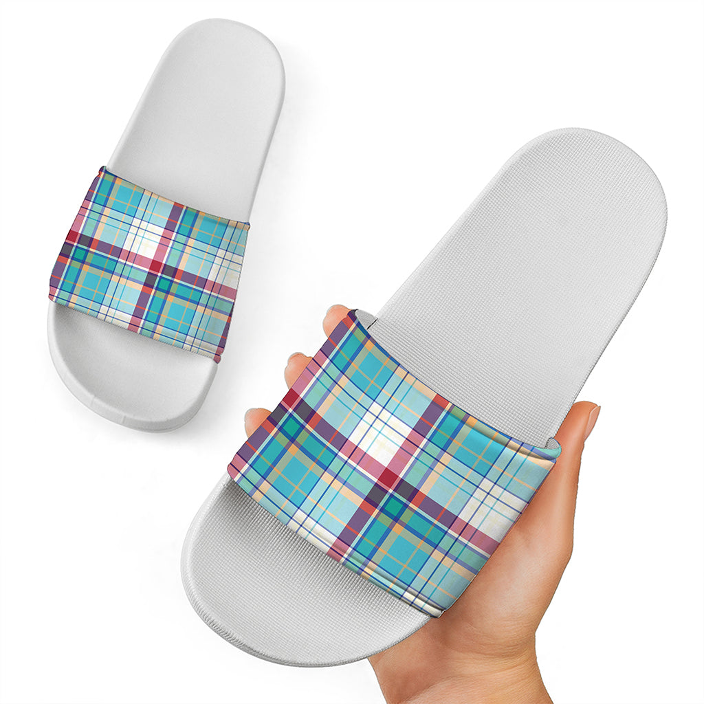 Blue And Red Madras Pattern Print White Slide Sandals