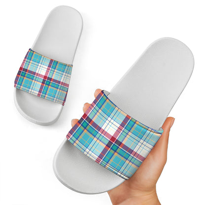 Blue And Red Madras Pattern Print White Slide Sandals