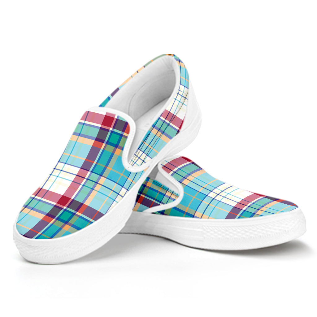 Blue And Red Madras Pattern Print White Slip On Shoes