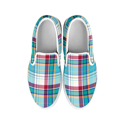 Blue And Red Madras Pattern Print White Slip On Shoes