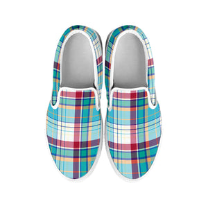 Blue And Red Madras Pattern Print White Slip On Shoes