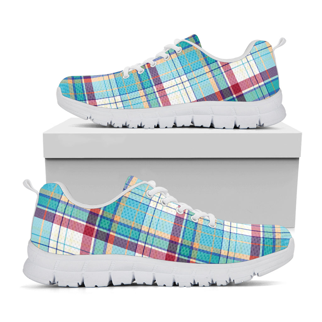 Blue And Red Madras Pattern Print White Sneakers