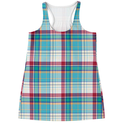 Blue And Red Madras Pattern Print Women's Racerback Tank Top