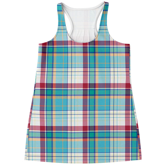 Blue And Red Madras Pattern Print Women's Racerback Tank Top
