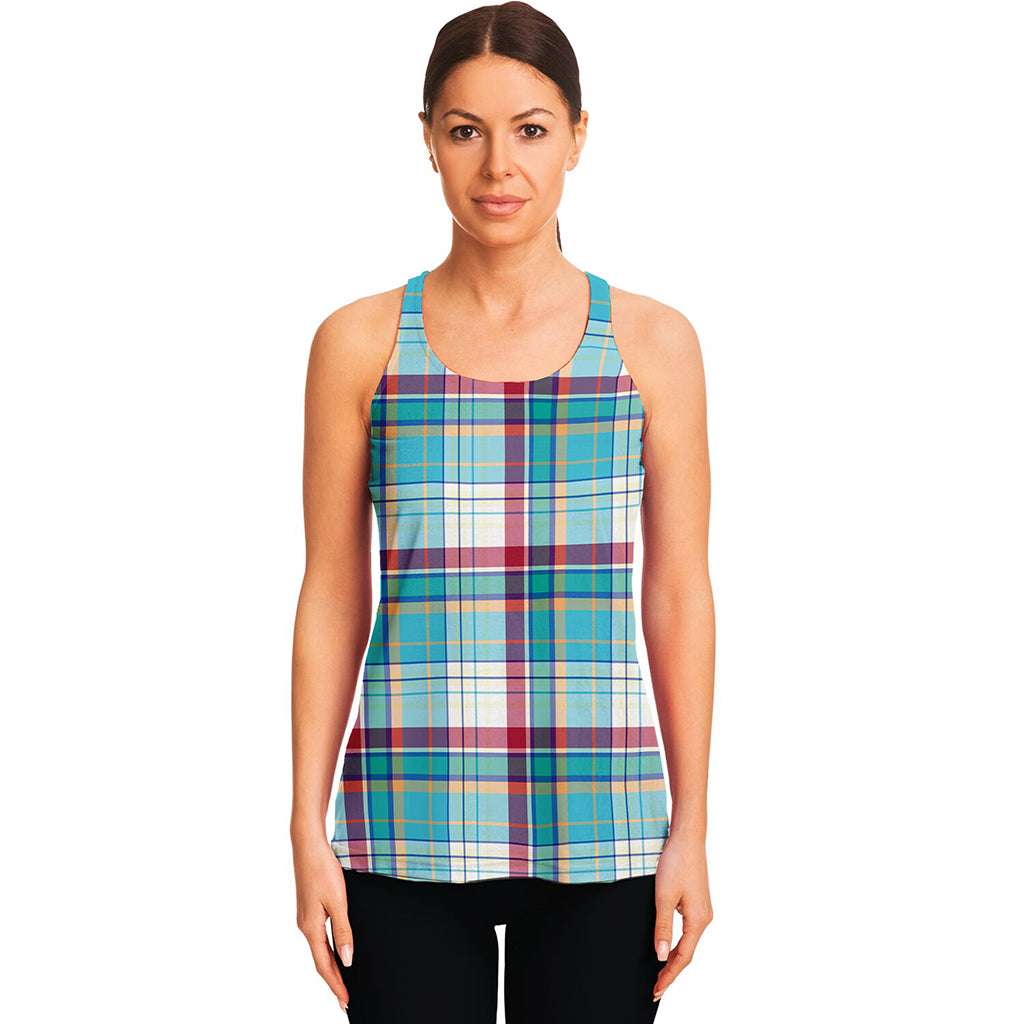 Blue And Red Madras Pattern Print Women's Racerback Tank Top