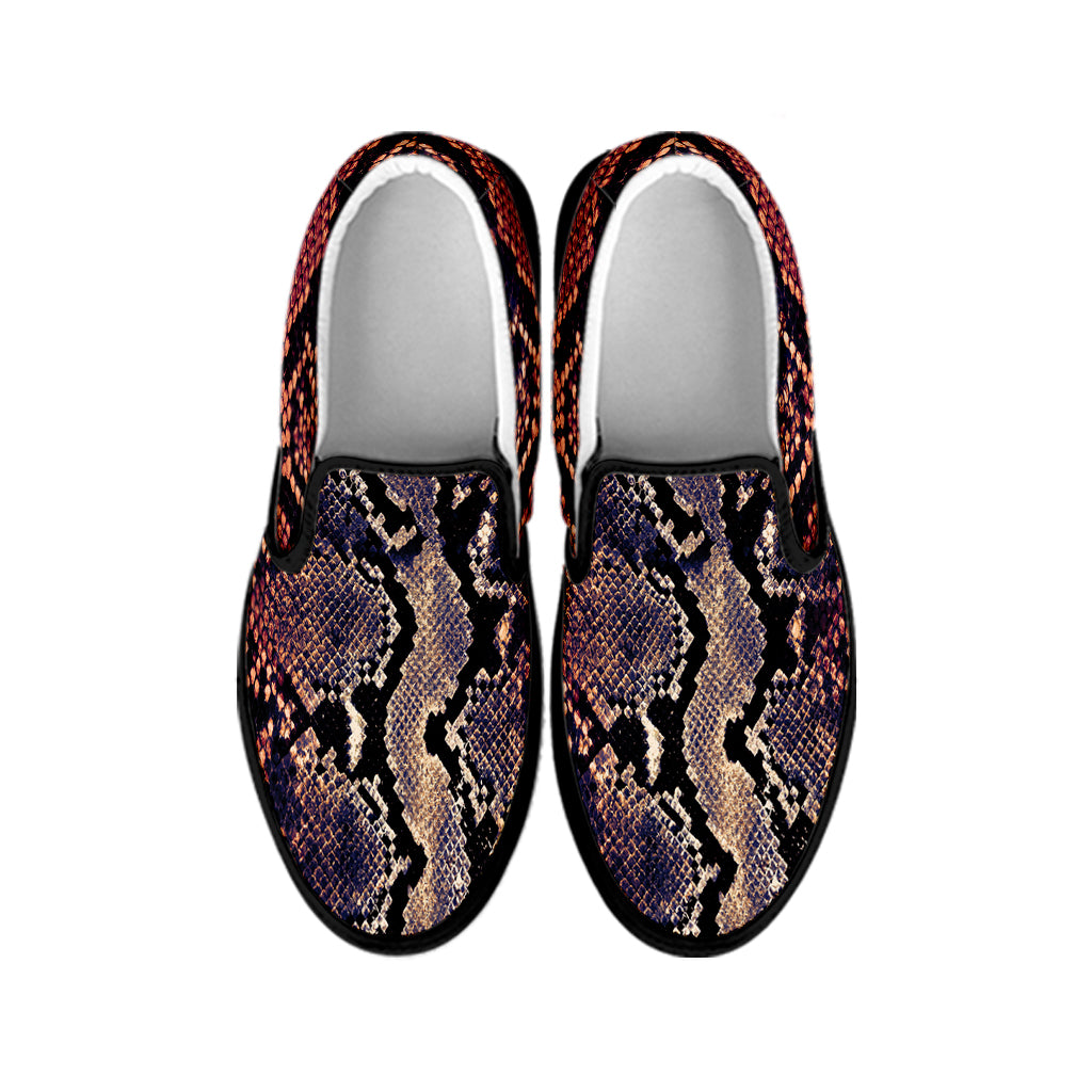 Blue And Red Snakeskin Print Black Slip On Shoes