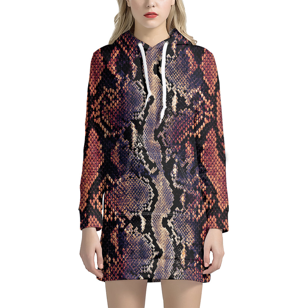 Blue And Red Snakeskin Print Hoodie Dress