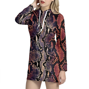 Blue And Red Snakeskin Print Hoodie Dress