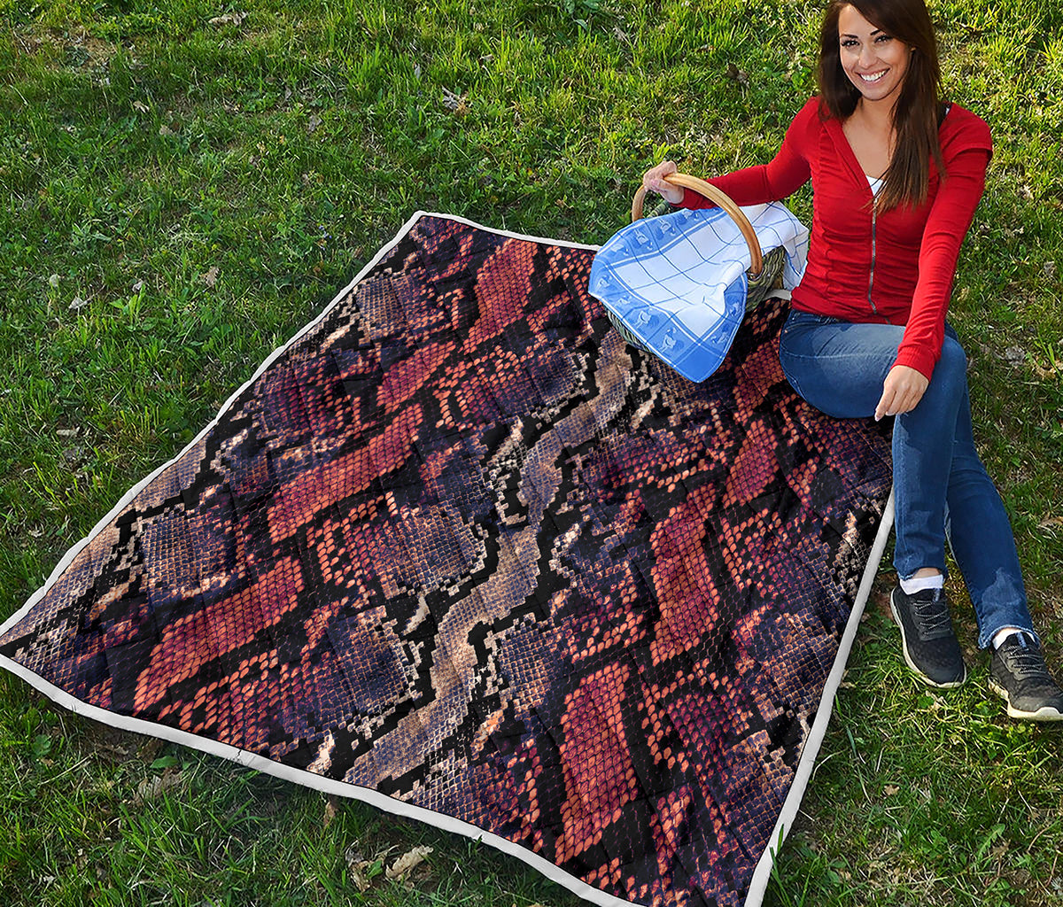 Blue And Red Snakeskin Print Quilt