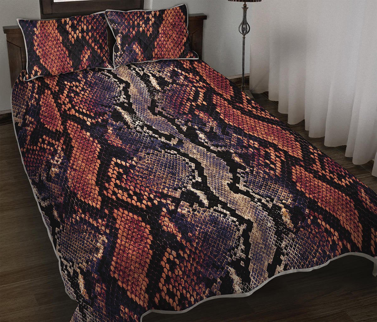 Blue And Red Snakeskin Print Quilt Bed Set