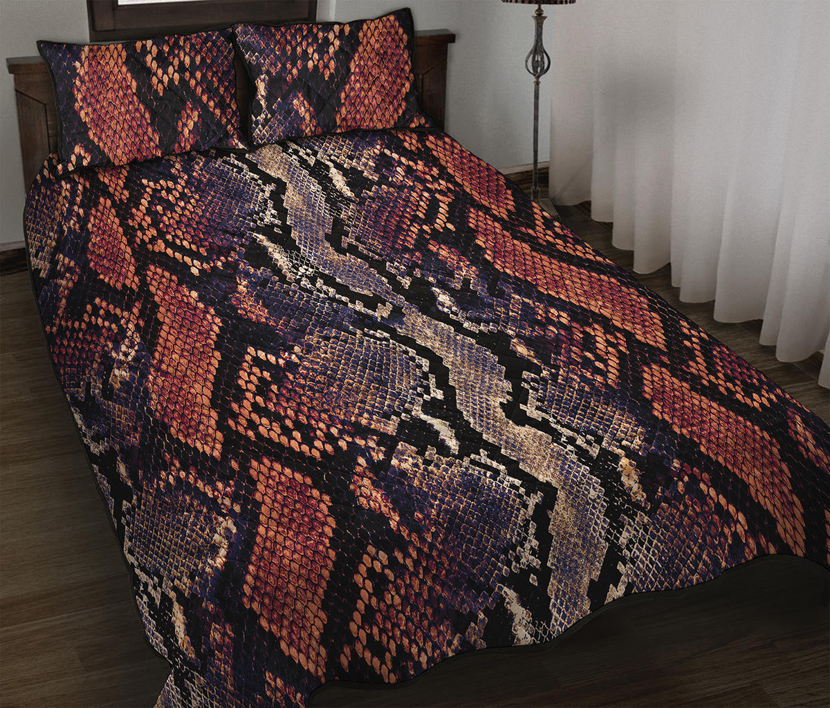 Blue And Red Snakeskin Print Quilt Bed Set
