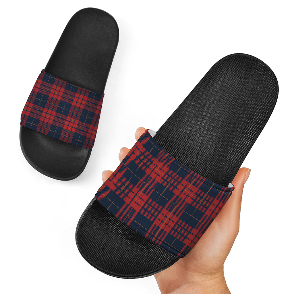Blue And Red Tartan Pattern Print Black Slide Sandals