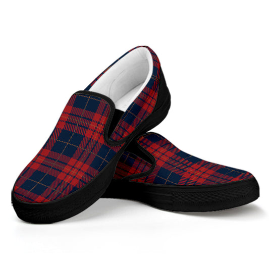 Blue And Red Tartan Pattern Print Black Slip On Shoes