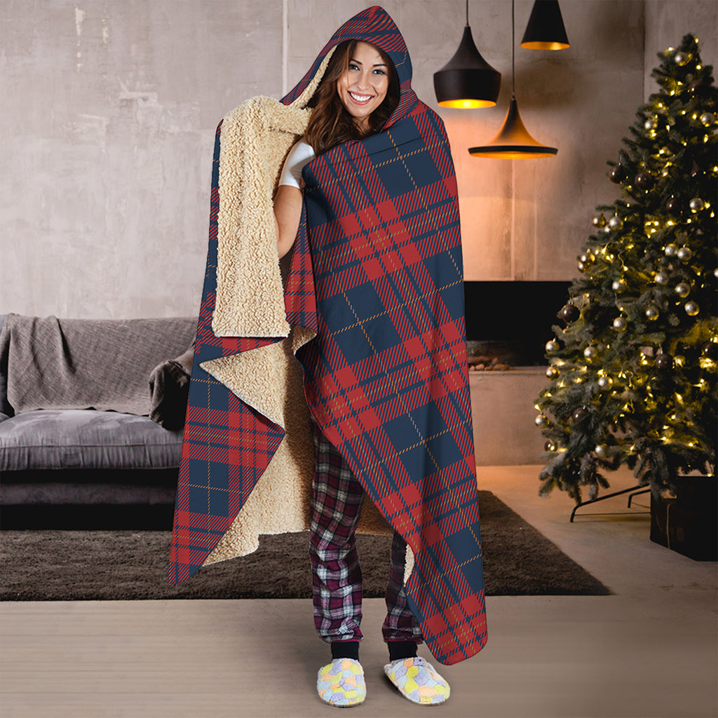 Blue And Red Tartan Pattern Print Hooded Blanket