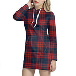 Blue And Red Tartan Pattern Print Hoodie Dress