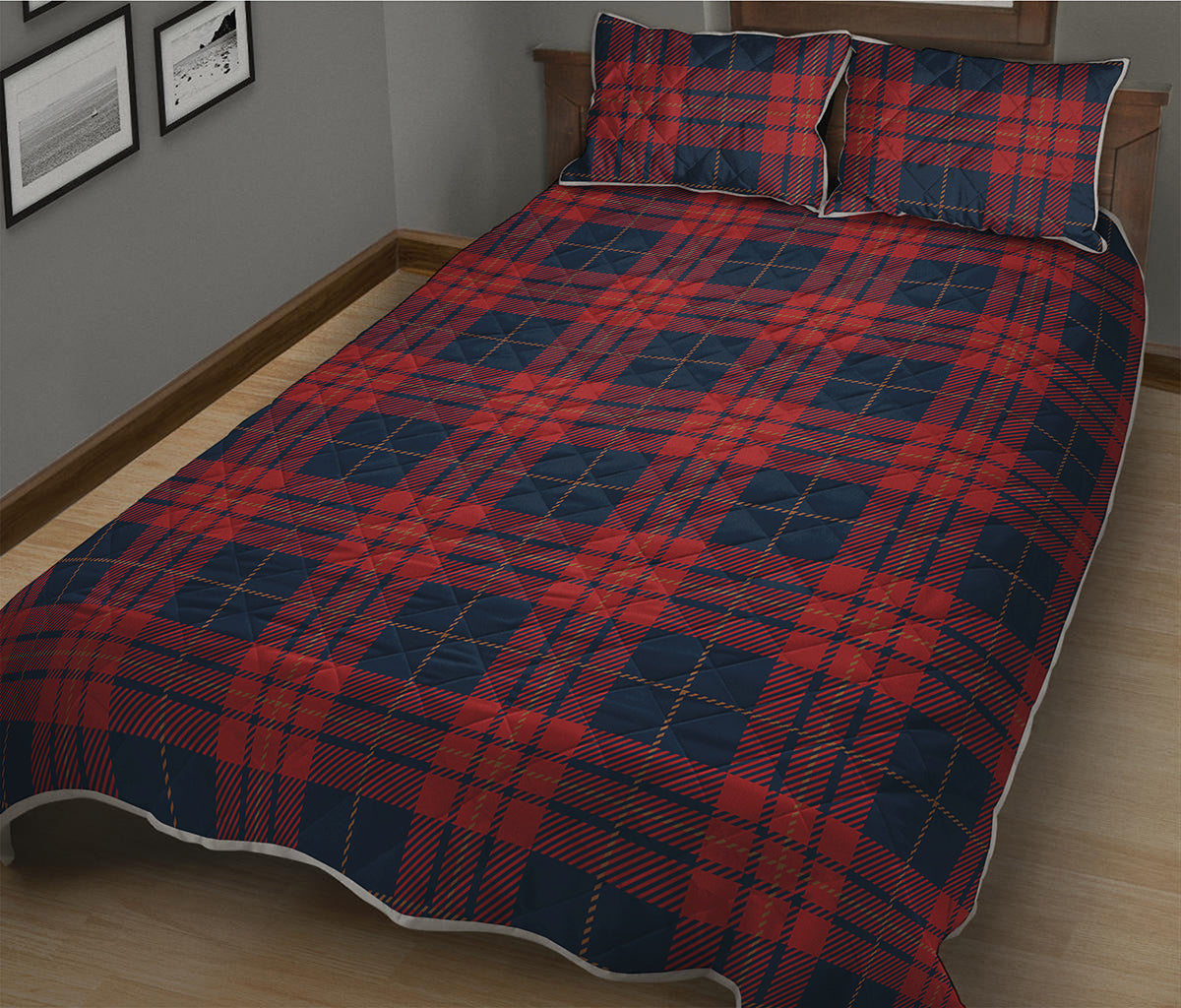 Blue And Red Tartan Pattern Print Quilt Bed Set