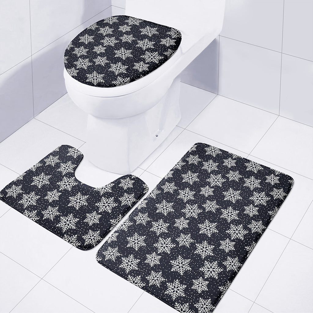 Blue And Silver Snowflake Pattern Print 3 Piece Bath Mat Set