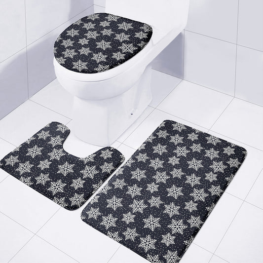 Blue And Silver Snowflake Pattern Print 3 Piece Bath Mat Set