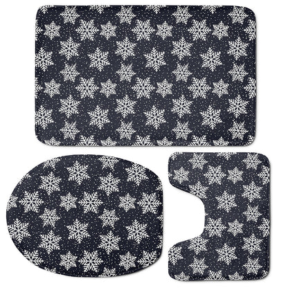 Blue And Silver Snowflake Pattern Print 3 Piece Bath Mat Set