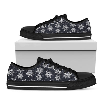 Blue And Silver Snowflake Pattern Print Black Low Top Shoes