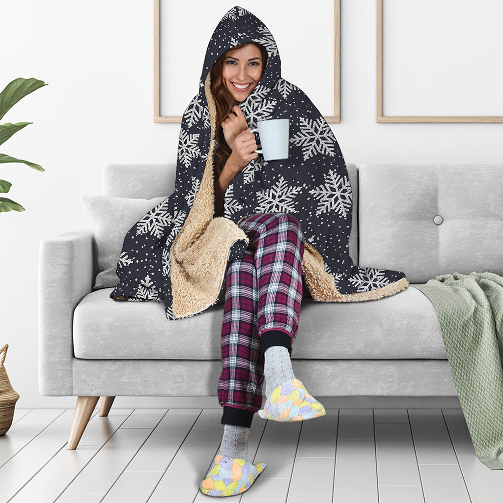Blue And Silver Snowflake Pattern Print Hooded Blanket