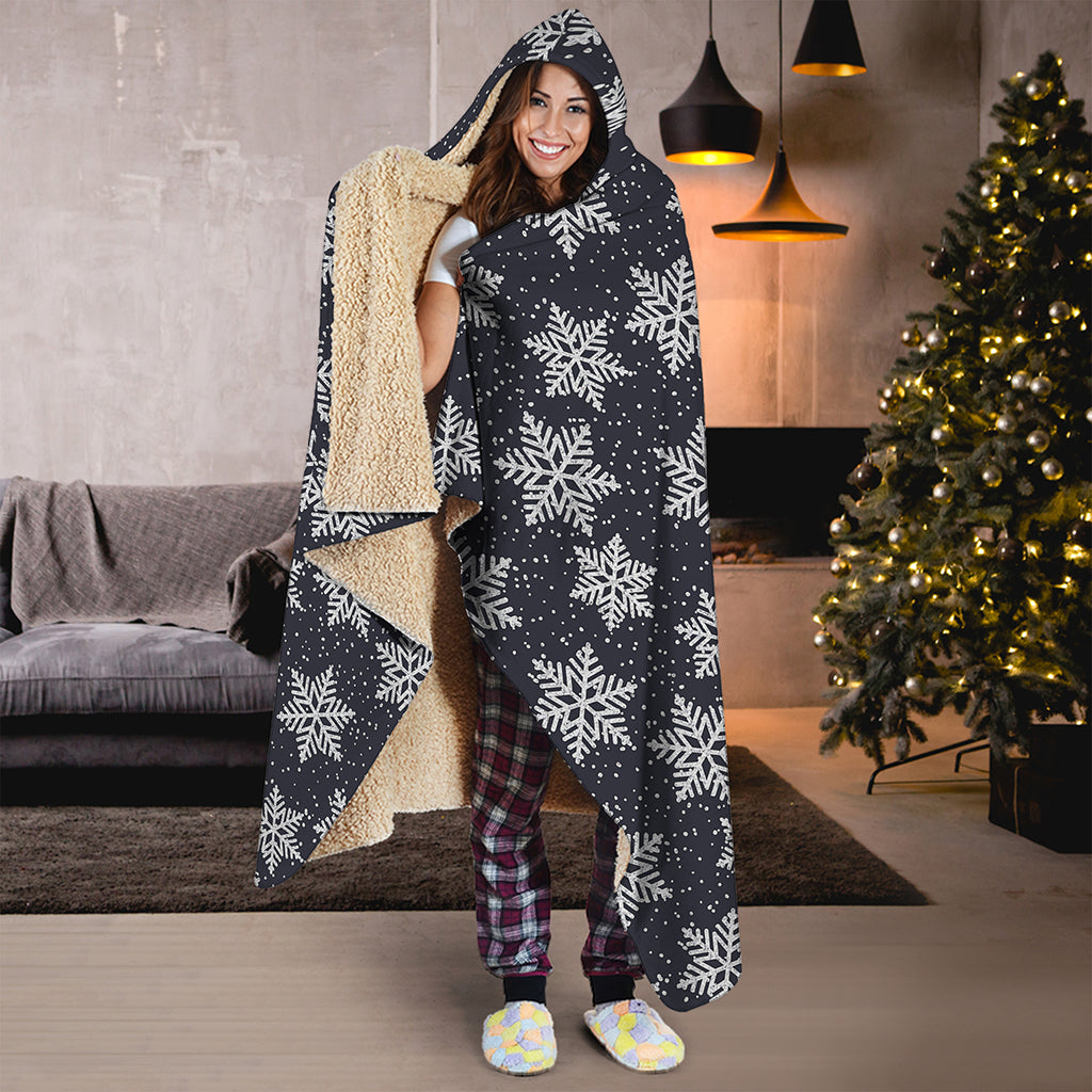 Blue And Silver Snowflake Pattern Print Hooded Blanket