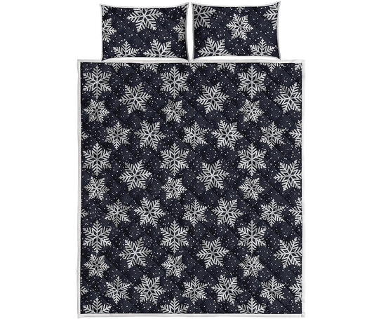 Blue And Silver Snowflake Pattern Print Quilt Bed Set