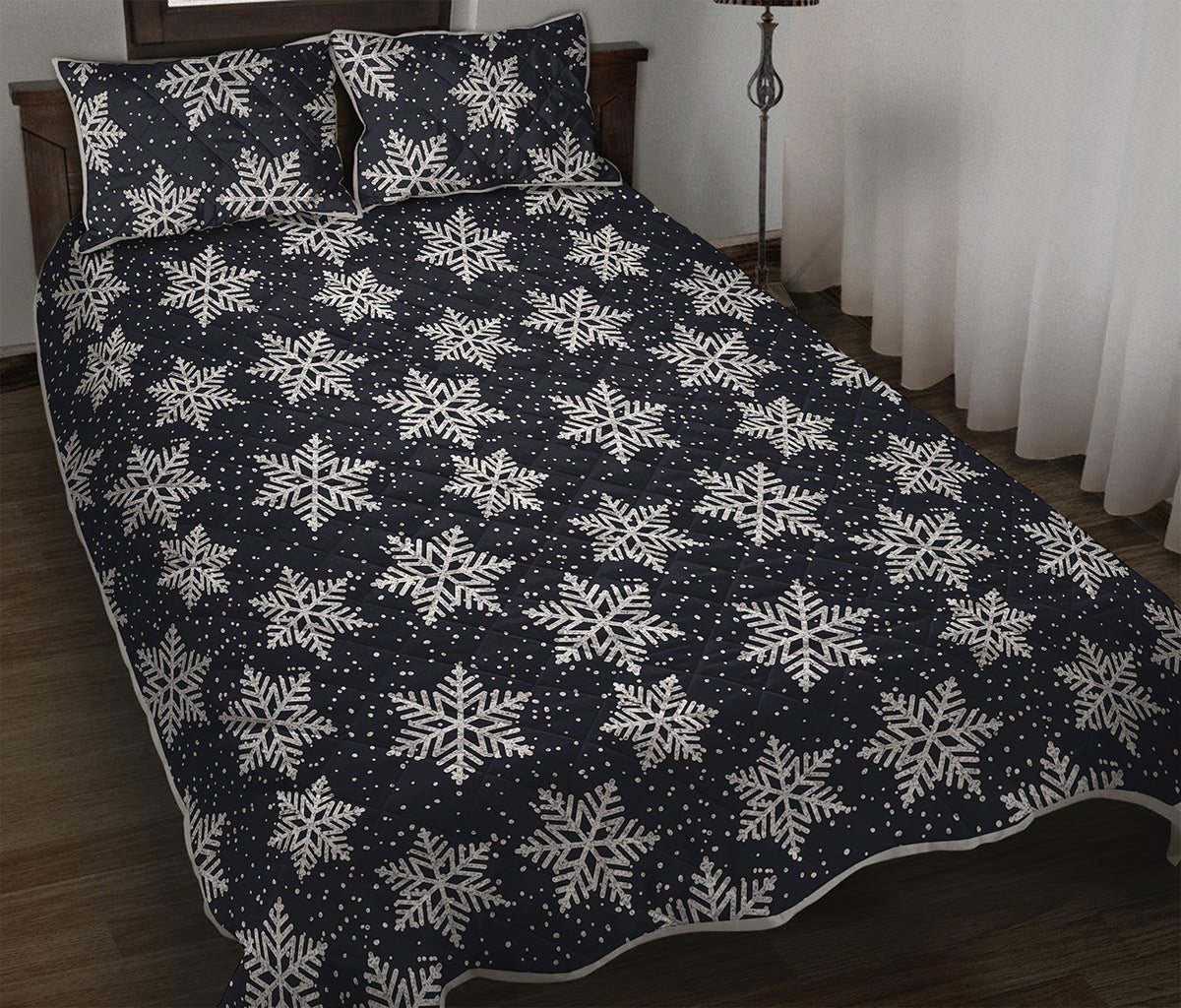 Blue And Silver Snowflake Pattern Print Quilt Bed Set